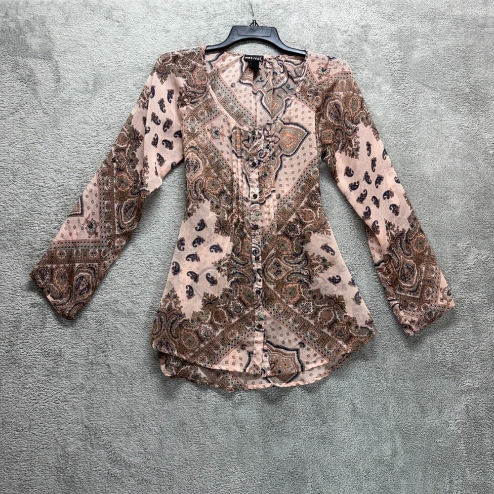 Vintage Wet Seal Blouse Womens Small Long Sleeve Pink Paisley Boho Fairycore